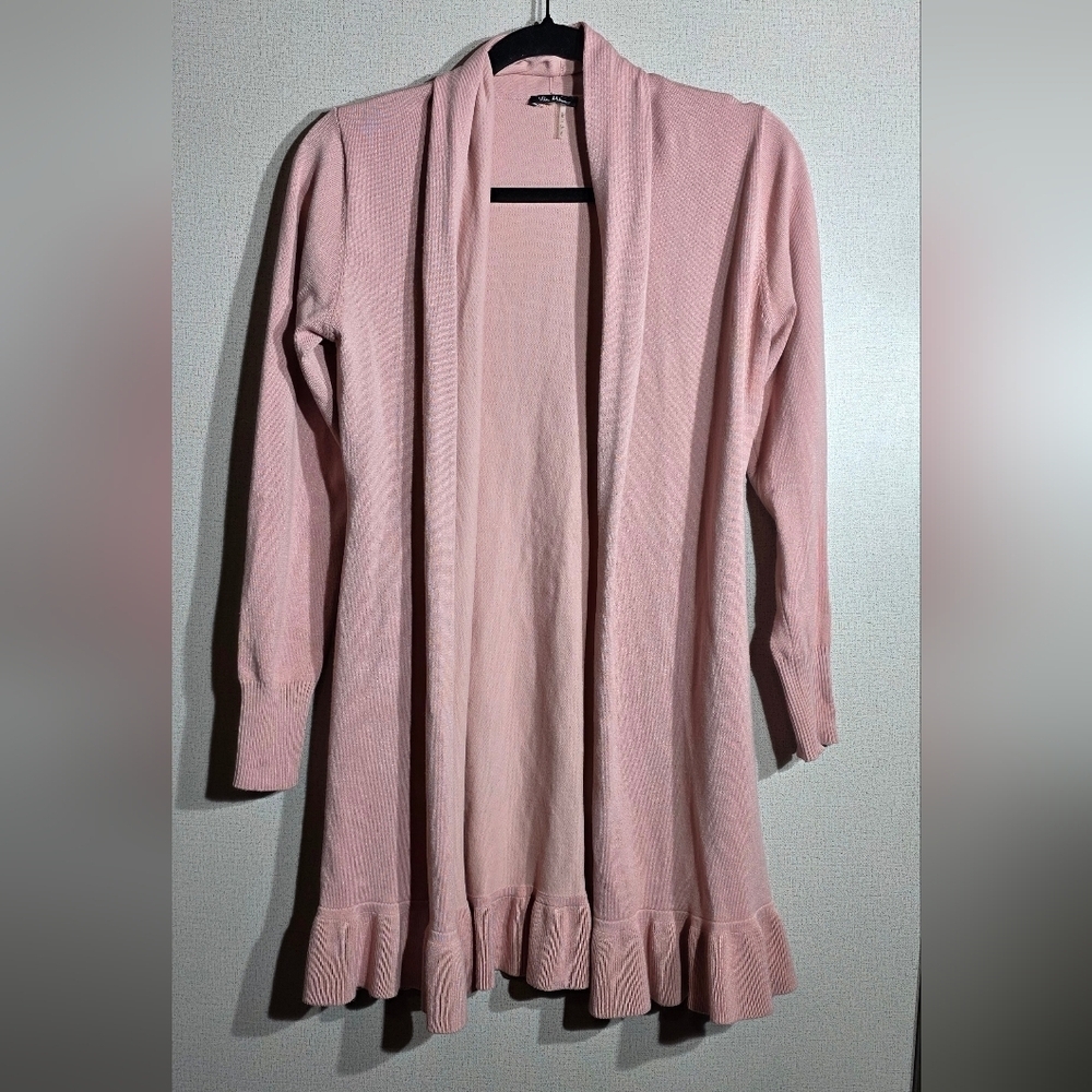 Women’s Pink Open-Front Ruffle Hem Cardigan